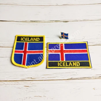 İzlanda Ulusal Bayrak Nakış Yamaları Rozeti Kalkan Ve Kare Şekli Pin Bir Set Bez Kol Bandı Sırt Çantası Dekorasyon