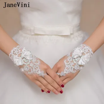 JaneVini Moda Gelin Düğün Kısa beyaz eldivenler Parmaksız Dantel Kelebek Boncuklu düğün elbisesi Eldiven Bayanlar Parti Aksesuarları