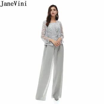 JaneVini Zarif Dantel Şifon Anne Gelin Elbiseler Kısa Ceket Uzun Kollu Kıyafetler Düğün Akşam Örgün Törenlerinde 2020