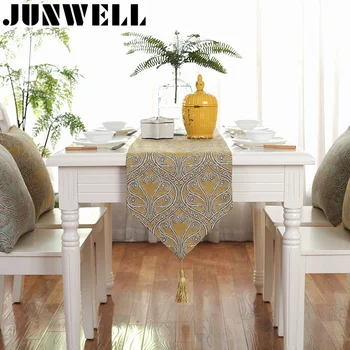 Junwell Moda Modern Masa Koşucu Renkli Naylon Jakarlı Koşucu Masa Örtüsü Püsküller İle Cutwork İşlemeli Masa Koşucu