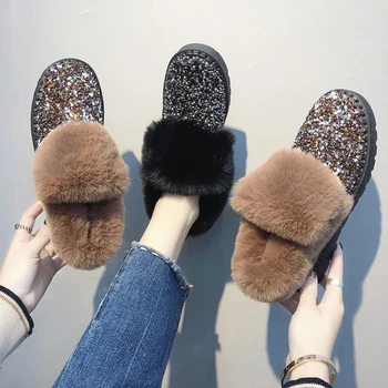 Kadın Botları 2021 Kış Ayakkabı Sequins Sıcak Tutmak Kar Botas De Mujer Yuvarlak Ayak Kürklü Ayakkabı Kadın Hafif yarım çizmeler