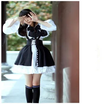Kadın Hizmetçi Kıyafeti Anime uzun elbise Siyah ve Beyaz Önlük Elbise Lolita Elbiseler Cosplay Kostüm