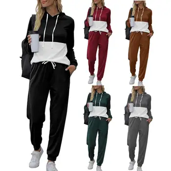 Kadın Hoodie Takım Elbise Eşofman Elastik İpli 2 Ön Cepler Patchwork Sonbahar Kış Bayanlar Kapşonlu Seti Sportif Kıyafet