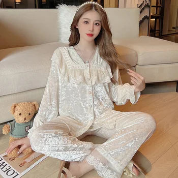 Kadın Kadife Pijama Pijama Takım Elbise Retro Zarif Saray Tarzı Prenses Pantolon Ev Giysileri Sonbahar Kış Gevşek Pijama Seti
