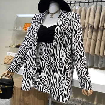 Kadın kıyafetleri Vintage Blazer Ceket Yüksek Bel Etek Setleri Moda Etek Takım Elbise Sonbahar Bahar Streetwear Zebra Baskı İki Parçalı Set