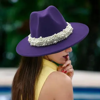 Kadın Kış Bahar Vintage İnci fötr şapka, Kadınlar İçin Geniş Ağızlı Moda Panama Kap