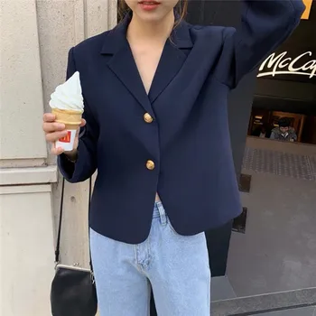 Kadın Moda V Boyun Rahat Kısa Lacivert Blazers Zarif Retro İnce Mini Ceketler Ofis Bayan İş Giysisi Kadın Şık Blazer Üst