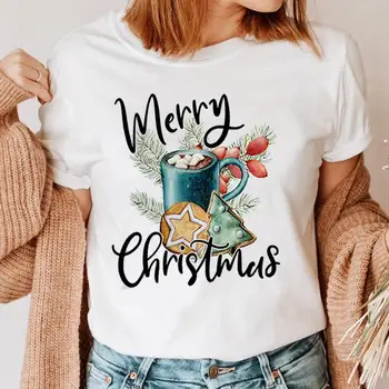 Kadın Moda Yeni Stil Yeni Yıl Tatil Tişört Üst Mutlu Merry Christmas Karikatür Grafik Baskı Elbise dişi t parça T-shirt