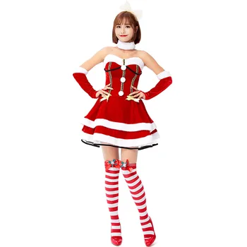 Kadın Noel Kostümleri Güzel Mini Kek Elbiseler Kırmızı Beyaz Backless Elbise Eldiven Şapkalar Boyunbağı 4 ADET Set Noel Baba Çünkü