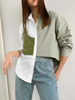 Kadın pamuk gömlekler Moda Kontrast Renk Ofis Gömlek kadın Dikiş PU Deri Sahte İki parçalı Uzun Kollu Gevşek Gömlek
