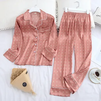 Kadın Pijama Rayon Lüks Saten Yaka Polka Dot Çiçek Baskı Uzun Kollu gündelik giyim Yumuşak Pijama Eğlence Gecelik Seti