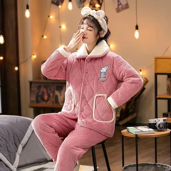 Kadın Pijama Setleri Üç Kat Sıcak Kalın Kış Mercan Polar Pijama Salonu Gecelik Ev Giysileri