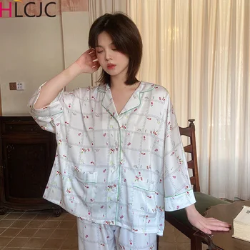 Kadın Pijama Yaz Pijama Kadınlar İçin Çiçek Baskı Sahte İpek Saten Uzun Kollu Casual Kadın Pijama Mujer Kızlar Ev Giyim