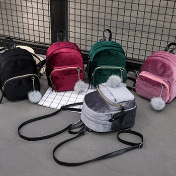 Kadın Sırt Çantaları Kadife Sırt Çantası Veludo Schoolbag Fermuar Ponpon İle Moda Rahat Mini Sırt Çantaları Kadın Çantaları