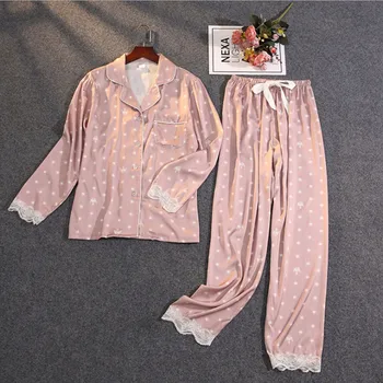 Kadın Yaz İki parçalı Takım Elbise Pijama Buz İpek Saten İnce Dış Giyim Baskı Dantel Pijama İlkbahar Sonbahar Yaka Pijama Ev giyim