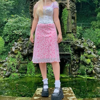 Kadın Yaz Çiçek Baskı Yüksek Bel Midi Etek Y2K Patchwork Örgü Bir Çizgi Kısa Etekler Casual Kawaii Moda Giyim
