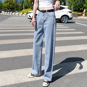 Kadın Yüksek Bel Düz Uzun Kot Pantolon, Düz Renk Tam Boy Rahat Uzun Kot Pantolon Her Mevsim İçin Yeni Stil 2021