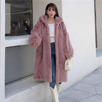 Kadınlar 2021 Sonbahar Kış Faux Tavşan Kürk Ceket Uzun Sahte Kürk Palto Kadın Gevşek Kapşonlu Palto Kalın Sıcak h Dış Giyim X701