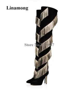 Kadınlar Büyüleyici Moda Sivri Burun Stiletto Topuk Altın Püsküller Diz Çizmeler Üzerinde Süet Deri Saçaklar Uzun Yüksek Topuk Çizmeler