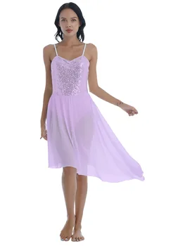 Kadınlar Katı Renk Parlak Pullu Kolsuz Dans Elbise Ayarlanabilir Spagetti Kayışı Asimetrik Hem fırfırlı elbiseler