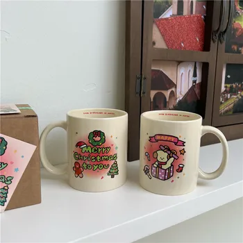 Kalın Noel seramik fincan Karikatür Kupa Kız Kalp Ev Fincan Ofis Süt Kahvaltı Fincan noel hediyesi Arkadaşlar için Çift Fincan
