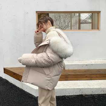 Kapşonlu Yaka Büyük Aşağı Kürk Pamuk Ceket Kadın Gevşek Rahat Kısa Kış Ceket Kore Kalın Parkas Kadın Sıcak Palto