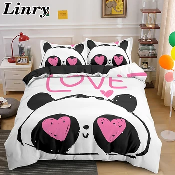 Karikatür Aşk Kalp Panda Yorgan Yatak Setleri Sevimli çift kişilik kral yatak Yorgan yatak örtüsü seti Yastık Kılıfı ile Ev Dekor İçin Tekstil