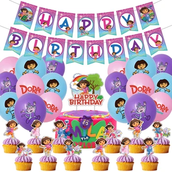 Karikatür Tema Dora Explorer Doğum Günü Partisi Malzemeleri Kağıt Afiş Kek Topper Lateks Balonlar Doğum Günü Partisi Dekoru Kızlar İçin Hediye