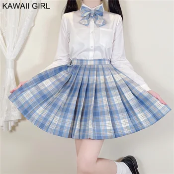 Kawaii Kız Japon Öğrenci Üniforma Temel Beyaz Uzun Kollu Gömlek Sevimli Yay Pilili Etek Seti Okul Kızlar Jk Üniforma Takım Elbise Kadın