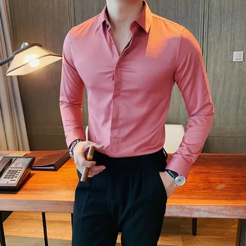 Kollu Katı Uzun Gömlek Erkek Giyim Moda 2022 Sonbahar İş resmi giysi Chemise Homme Slim Fit Camisa Masculina Tops T63