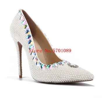 Kristal Sivri Burun Düğün Ayakkabı Gelin Moda Parti Topuklu Pompalar Kadın Beyaz Inci Ince Topuk Ayakkabı 11 cm Hakiki Deri pompalar