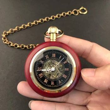 Kırmızı Ahşap Romen Rakamları Açık Yüz Kolye Mekanik cep saati Dayanıklı Bronz Antika El Sarma Kolye Zinciri Erkek Saat