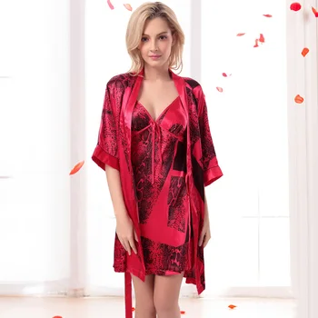 Kırmızı Saten Kimono ve Seksi Nightie Elbise Seti İki Adet Yılan Derisi Desen İpek bornoz ve Elbise Kadın İpek Pijama Damla nakliye