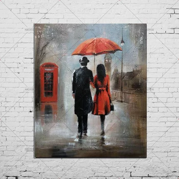 Kırmızı Şemsiye Romantik Paris Şehir 100 % El Yapımı Yağlıboya Oturma Odası Yatak Odası Dekorasyon için Tuval Poster Duvar Resmi