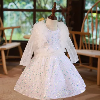 Kız Kraliyet Beyaz Sequins Elbise Çocuk Doğum Günü Vaftiz Elbiseler Çocuklar İçin Zarif Lüks Frocks Kızlar Butik Parti Vestidos
