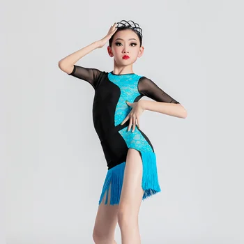 Kızlar Latin Dans Elbise Dantel Dikiş Üstleri Saçaklı Etek Giyim Takım Elbise ChaCha Tango Dans Kıyafeti Rumba Dans Kostüm YS3095