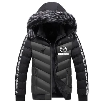 Kış erkek kürk yaka zip ceket Kar sıcak rüzgar geçirmez ceket Mazda araba logosu baskı Colorblock erkek aşağı parka ceket pamuklu bluz