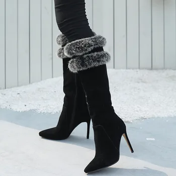 Kış Orta claf Uzun Çizmeler kadın Moda Sivri Burun Yüksek Topuk Ayakkabı Faux Kürk Dekor İnce Topuklu Seksi Orta uzun Çizmeler
