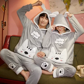Kış Sevimli Pijama Çift Sıcak Kalınlaşmak Fanila Gecelik Uzun Kollu Kapşonlu Erkek Ve Kadın Karikatür Hayvan Pijama