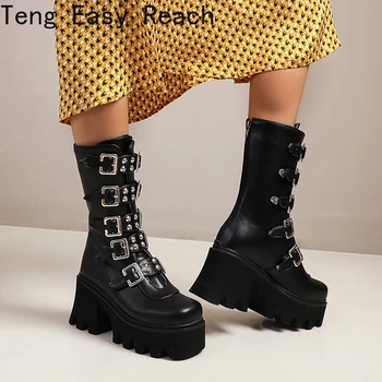 Kış Çivili bayan botları Sıcak Punk Gotik Çizmeler Kadın Moda Siyah Kalın tabanlı kadın deri ayakkabı Kış PU Büyük Boy 8
