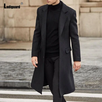 Ladiguard 2022 Tek Göğüslü Yün ve Karışımı Mont Erkek retro Ceket Uzun Standı Cep Paltolar Avrupa moda üst giyim Giyim