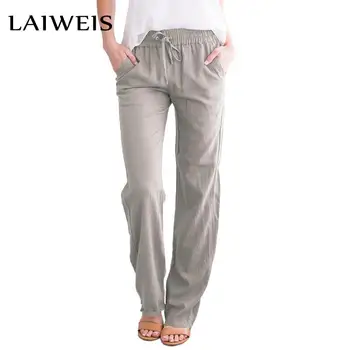 LAIWEIS 2021 İlkbahar Sonbahar Kadın Pantolon Rahat Pamuk Ve Keten Katı İpli Bel Uzun Düz Ev Pantolon femme pantalon