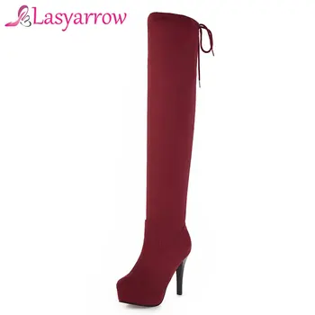 Lasyarrow Moda Kadın Çorap Çizmeler Yuvarlak Ayak Elastik Uyluk Yüksek Uzun Çizmeler Yüksek Topuk Platformu Çizmeler Sonbahar Kış Stiletto Çizmeler
