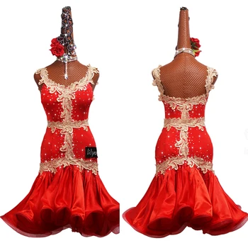 Latin Dans Elbise Yetişkinler Parlak Rhinestones Kırmızı Performans Giyim Salsa Rumba Chacha Samba Rekabet Giyim Bayanlar DN4863