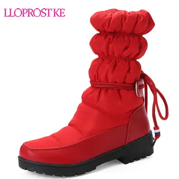 Lloprost ke 2020 Kadınlar Yüksek Kaliteli Kar Botları Kalın Taban Yuvarlak Ayak Sıcak Tutmak Çapraz Kayış Günlük Orta Buzağı Çizmeler Ayakkabı Boyutu 43