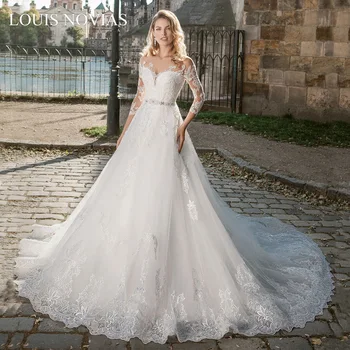 Louis Novias A-Line düğün elbisesi İnciler Sashes Şifon Boncuklu düğün elbisesi Kollu Elbise Düğün Parti İçin V Yaka