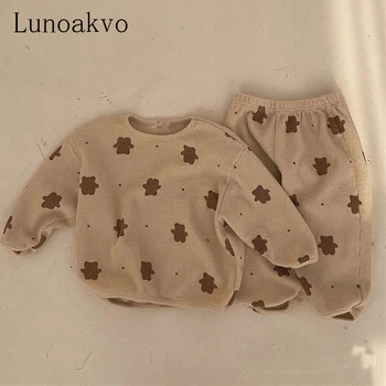 Lunoakvo Bebek Kız Giysileri Bahar Sonbahar Erkek Kız giyim setleri Sevimli Ayı Takım Elbise Gevşek Karikatür Kazak ve Rahat pantolon