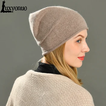 Luxyonuo Kaşmir hımbıl bere Şapka Kadınlar için Düz Kış Sıkma Yün Örme Sıcak Skullies Gorros Kadın Kap Düz Renk
