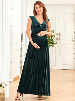 Lüks Abiye Uzun Kolsuz Derin V Boyun Bir Çizgi Kat Uzunluk Elbise 2023 Hiç Güzel Zarif Hamile Kadınlar Elbise