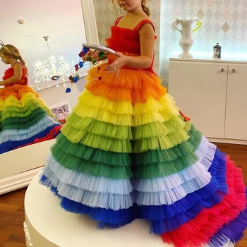 Lüks Renkli Çiçek Kız Elbise Spagetti Kayışı Katmanlı Tül Çocuklar Küçük Kızlar Gelinlikler İlk Communion Pageant Giyim